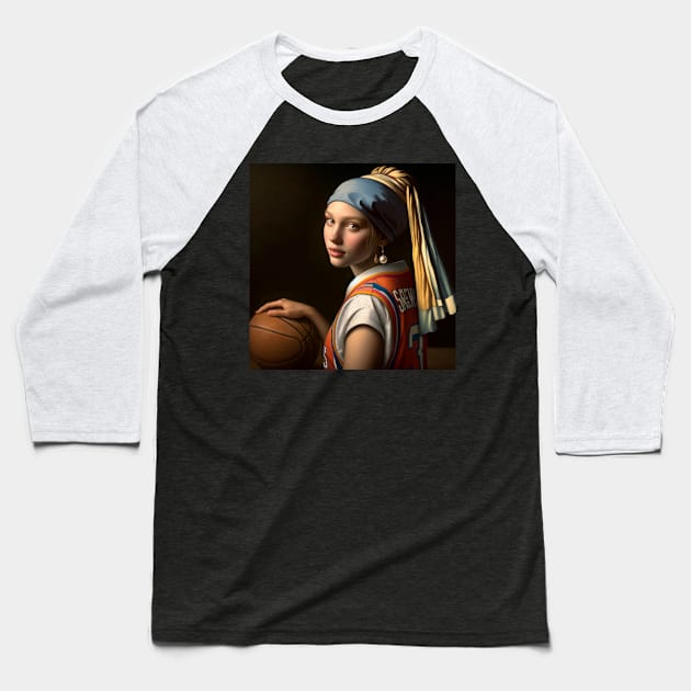 Court Elegance: Pearl Earring Girl's March Madness Baseball T-Shirt by Edd Paint Something